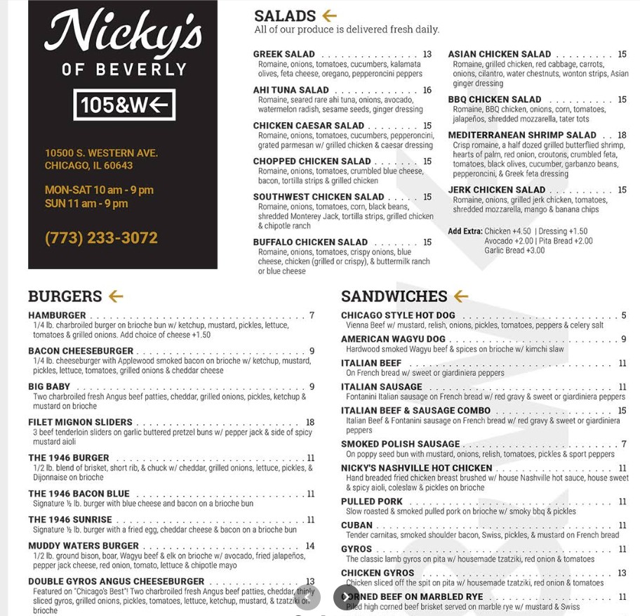 Nicky’s of Beverly Restaurant Menu | Chicago Fast Food & Sandwiches